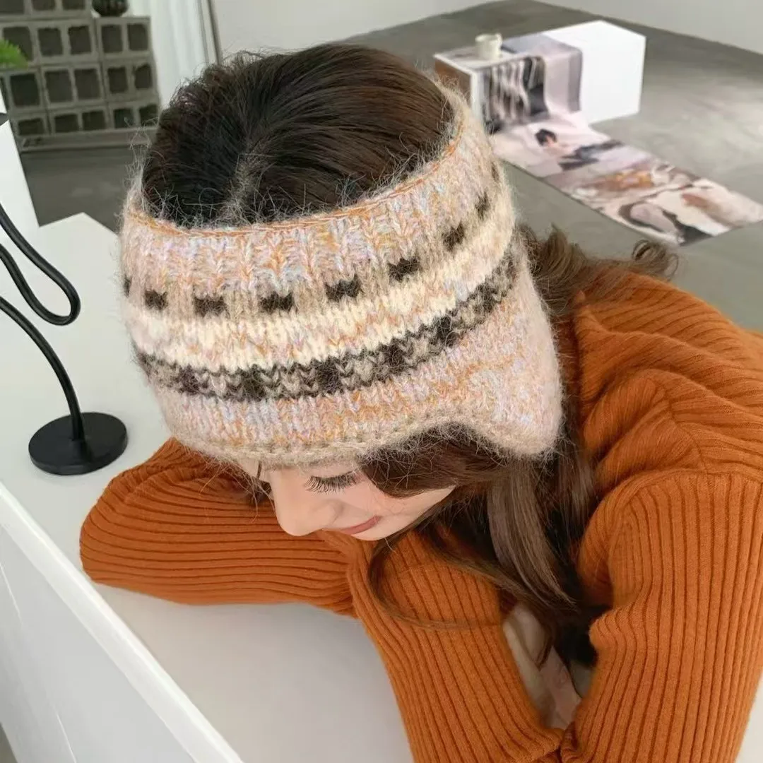 Women Fair Isle Knit Earflap Headband Winter Retro Stripe Knitted Ear Warmer Warm Ear Protection Daily Outdoor Ladies Beanie Hat