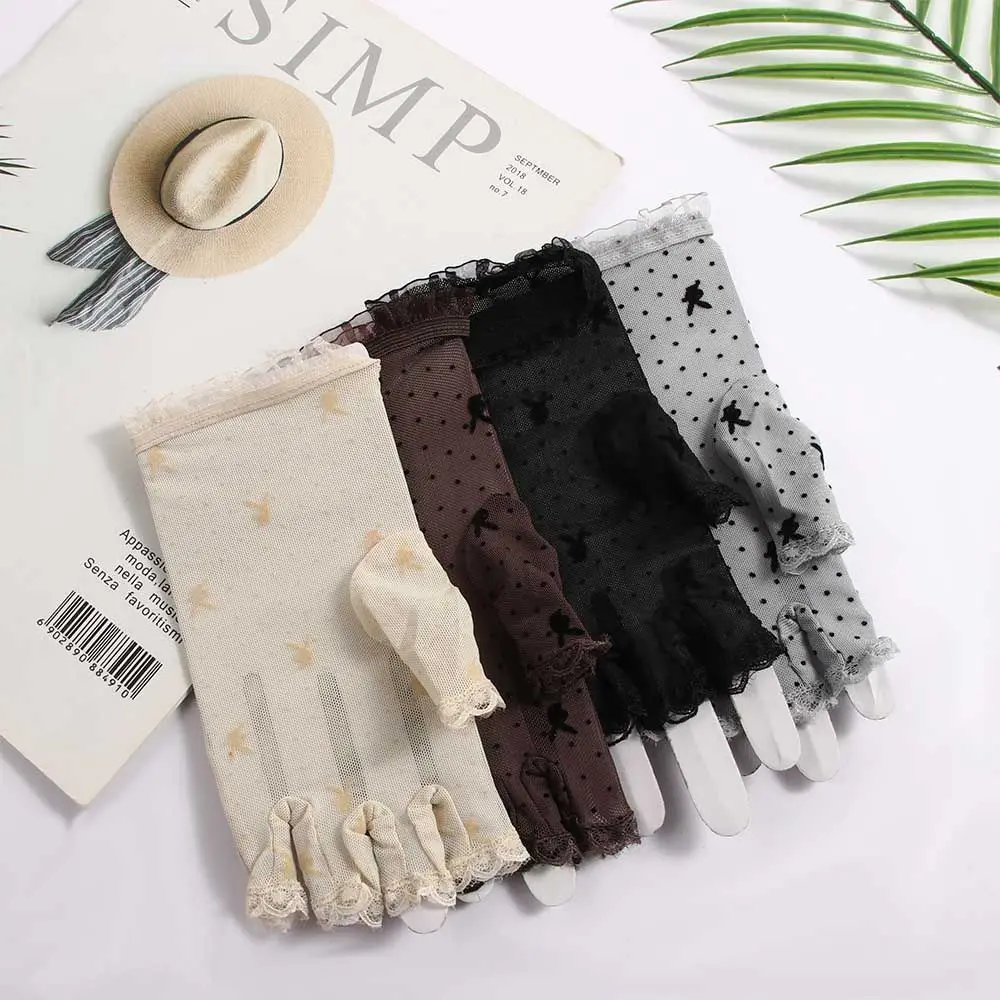 薄いゴシックレディースドットメッシュ中空ドライビンググローブ指なしミトンレース手袋ウサギの頭のパターン