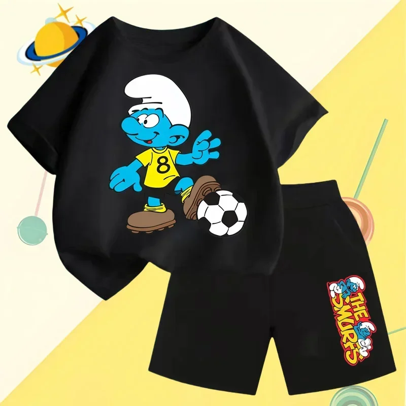 Coppa europea Smurfs bambini Cartoon t-shirt set Anime Print sport pantaloncini manica corta ragazzi camicia casual ragazze Kawaii 2 pezzi set