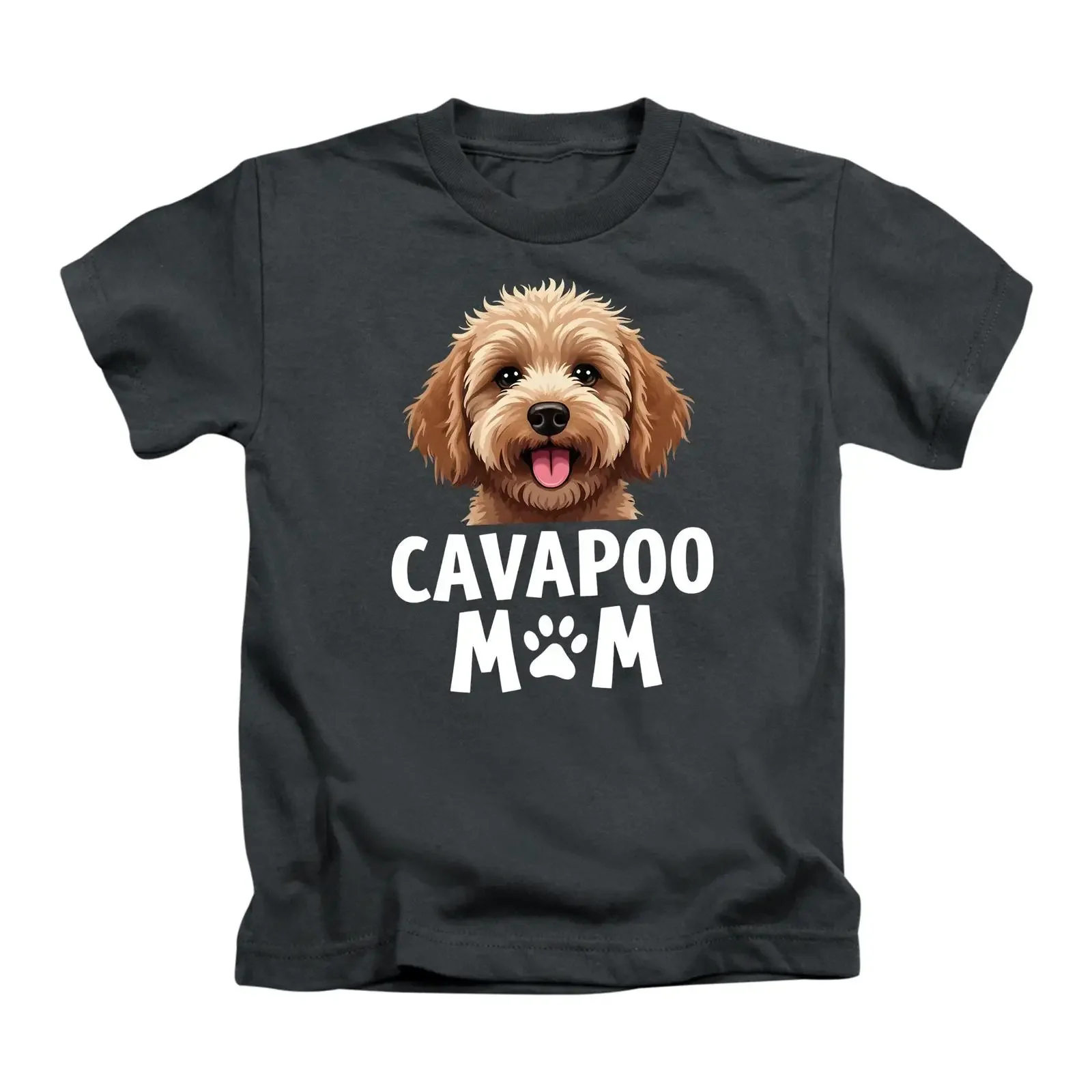 Kids Dark Gray T shirt Cute Cavapoo Dog Illustration Print MOM Paw Design Casual  For Lover Children vintage Washed Stretched