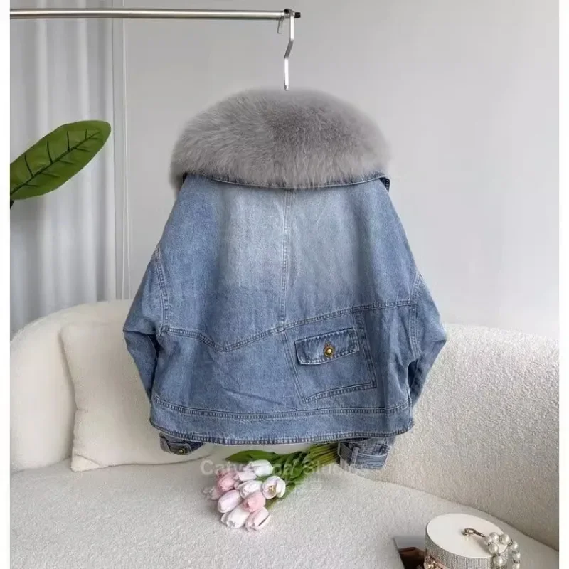 Winter Thickened Short Denim Jacket Fashion  Parkas Jeans Jacket Luxury Fur Coat Removable Fur Collar Cotton Jacket New