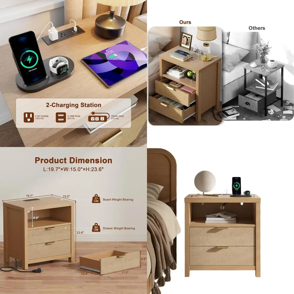 

Charging Station Nightstand, 2-Drawer Oak Wood Bedside Table with Storage Shelf