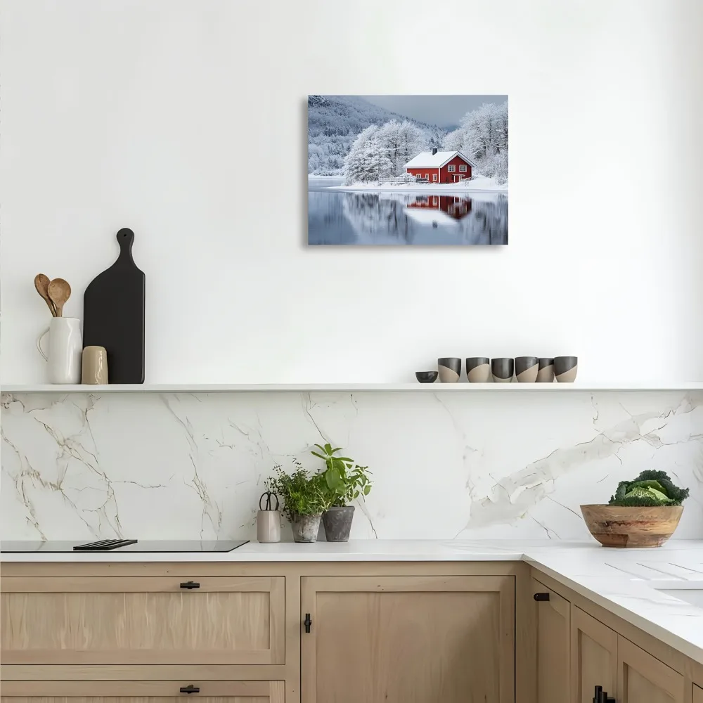 1.5 inch thickness, upholstery artwork, home decor, Winter Wonderland canvas wall art, red house reflection in snow