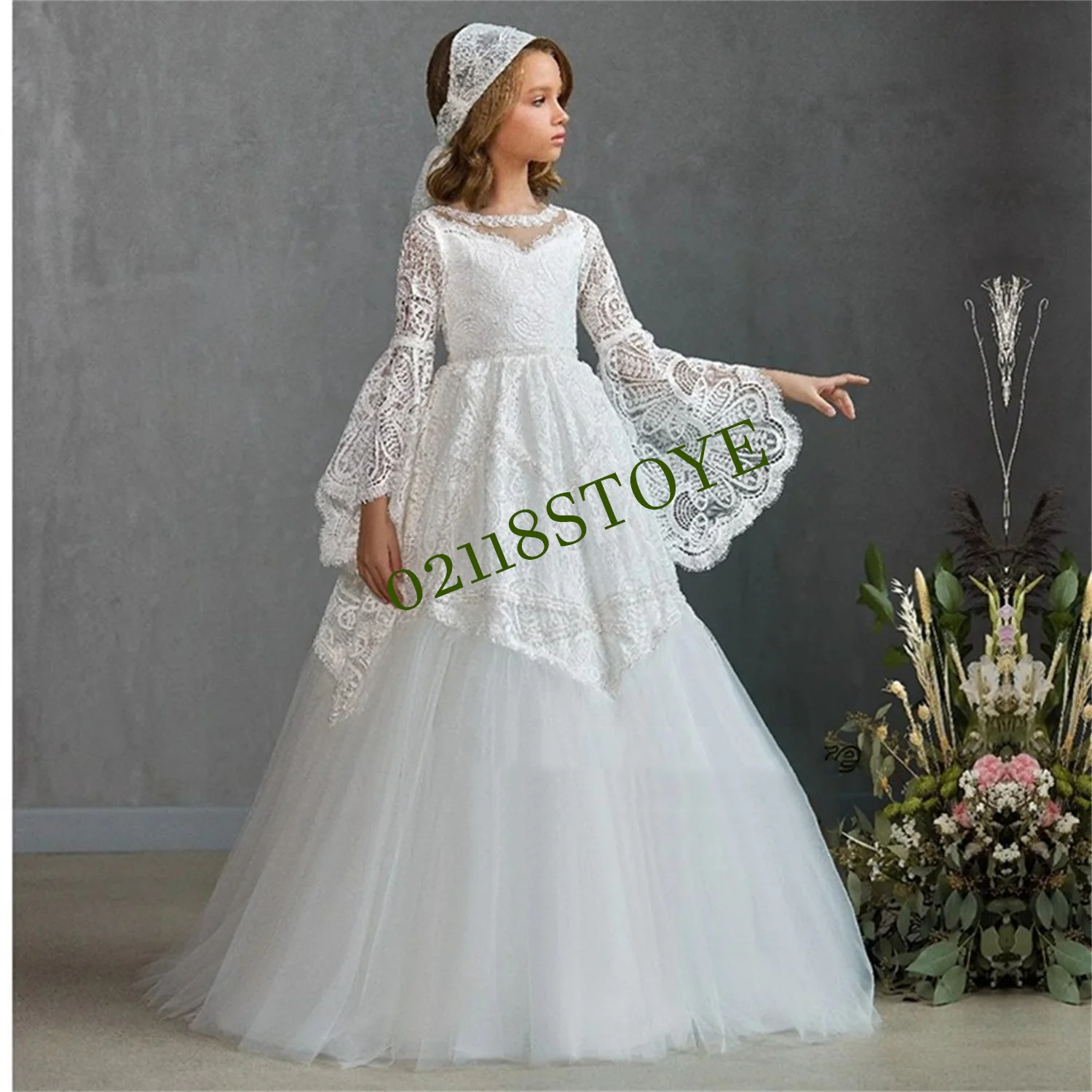 

Elegant Long Flore Sleeve Wedding Party Formal Occasion Lace Flower Girl Dress