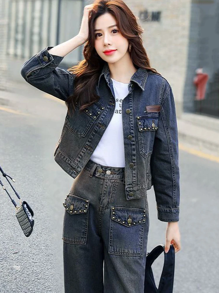 

Retro vintage denim suit for women 2025 autumn new short jacket high waist slimming straight leg pants two-piece set