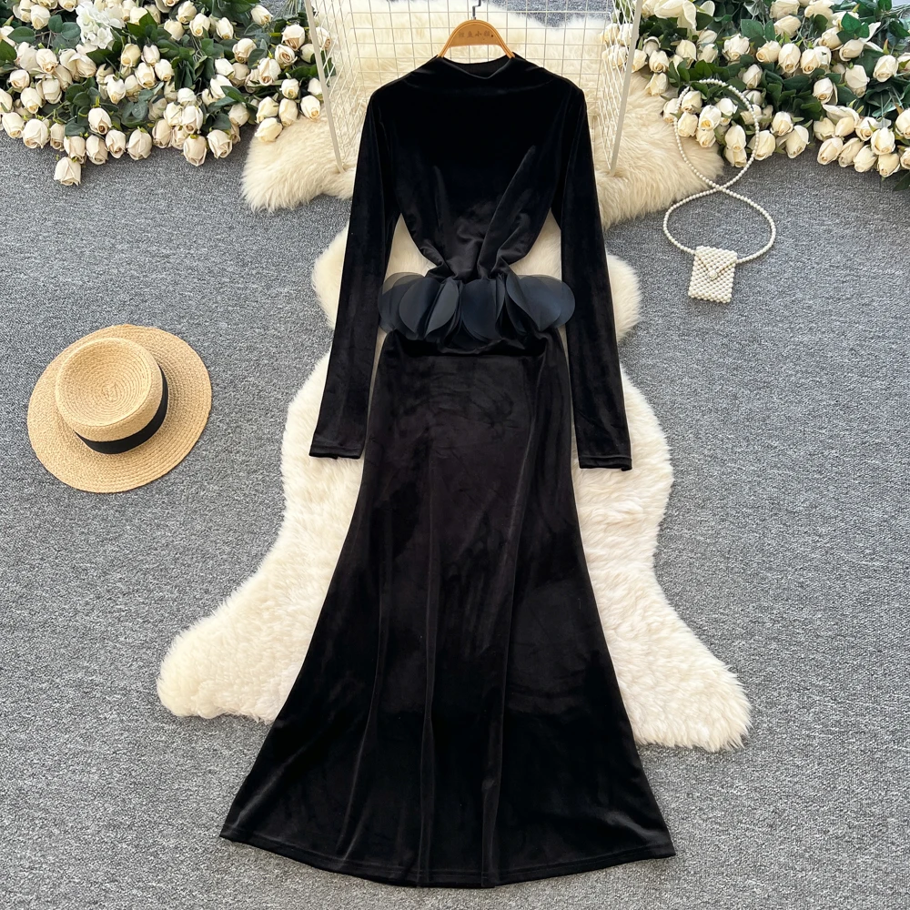 Abito sexy elegante in velluto tridimensionale a maniche lunghe Abiti autunno francese vintage abbigliamento donna