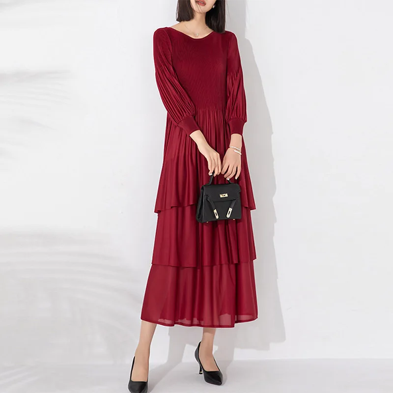 Miyake vestido plissado nova chegada elástico estiramento pulôver estilo lanterna mangas em camadas bolo camada design vestidos de moda feminina