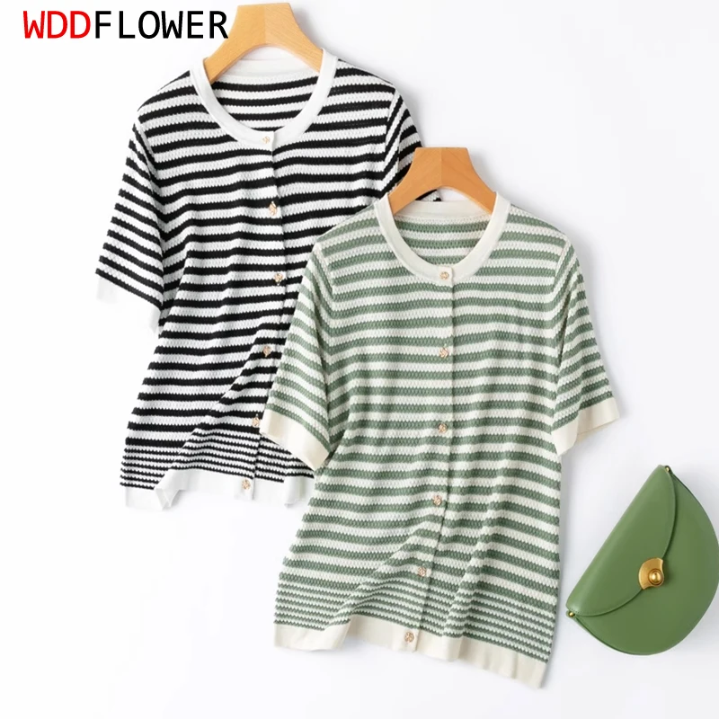 Women Knit T-Shirt 70% Mulberry Silk 30% Cotton Striped Crew Neck Short Sleeve Buttons Down Sweater Cardigan Top L XL LY041