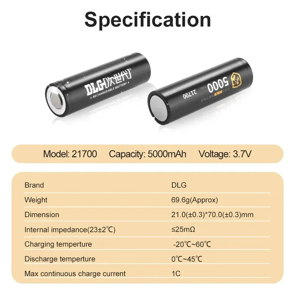 21700 Battery DLGPOWER 5000mAh High Capacity 3.7V Rechargeable Li-ion Dischargeable High Power batteries for Home Appliances