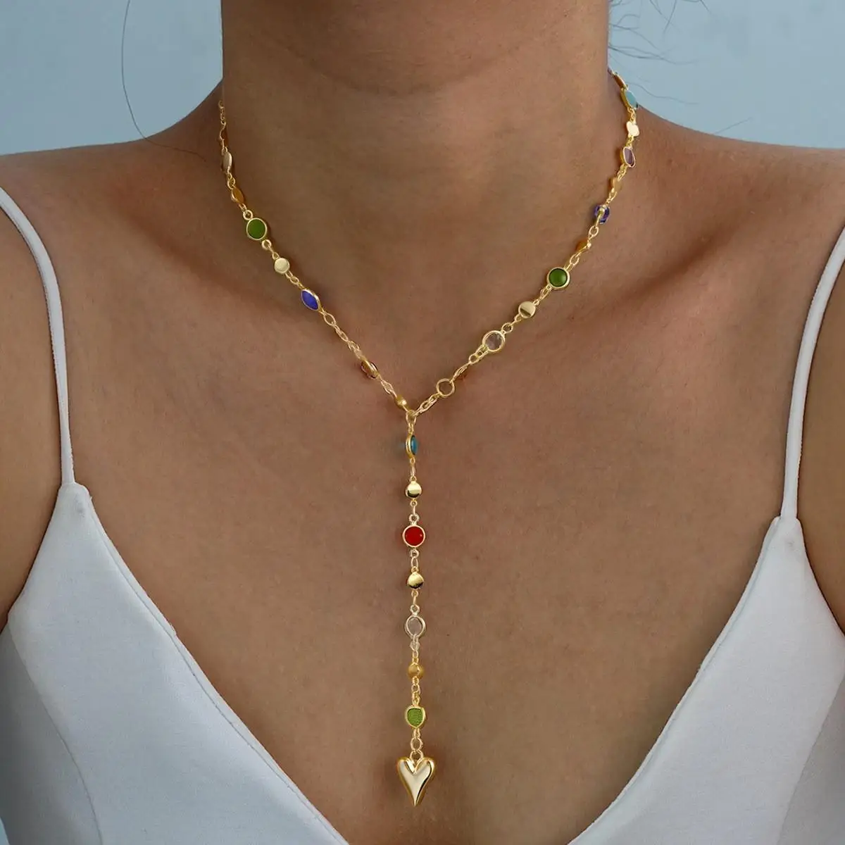 

Vintage Creativity Colorful Crystal Y Shape Necklaces Simple Long Tassel Gold Color Chain Love Heart Pendant Necklace Party GIft