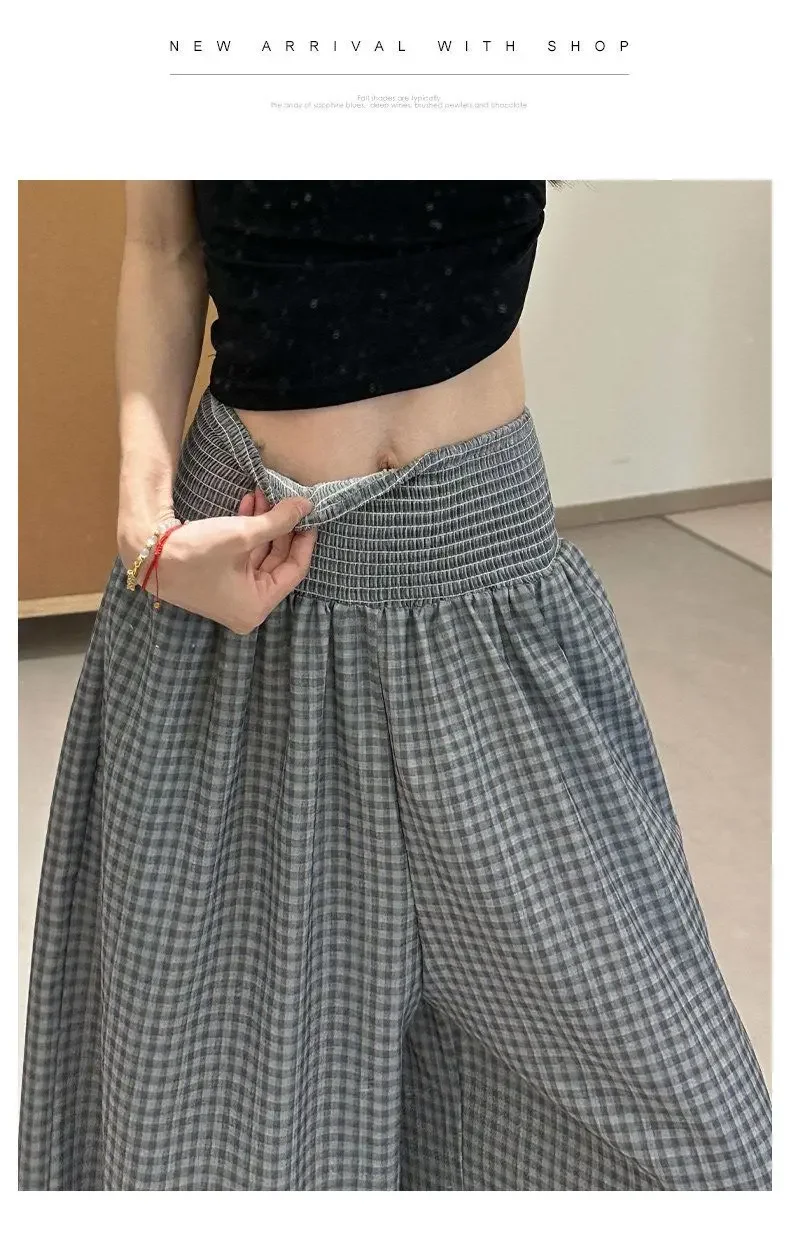 2026 Herbst Koreanischer Stil Rosa Karierte Damen-Weitbein-Hose Hohe Taille Locker Sitzend Figur-Schmeichelnd Eisseiden-Haremshose – Detail 6