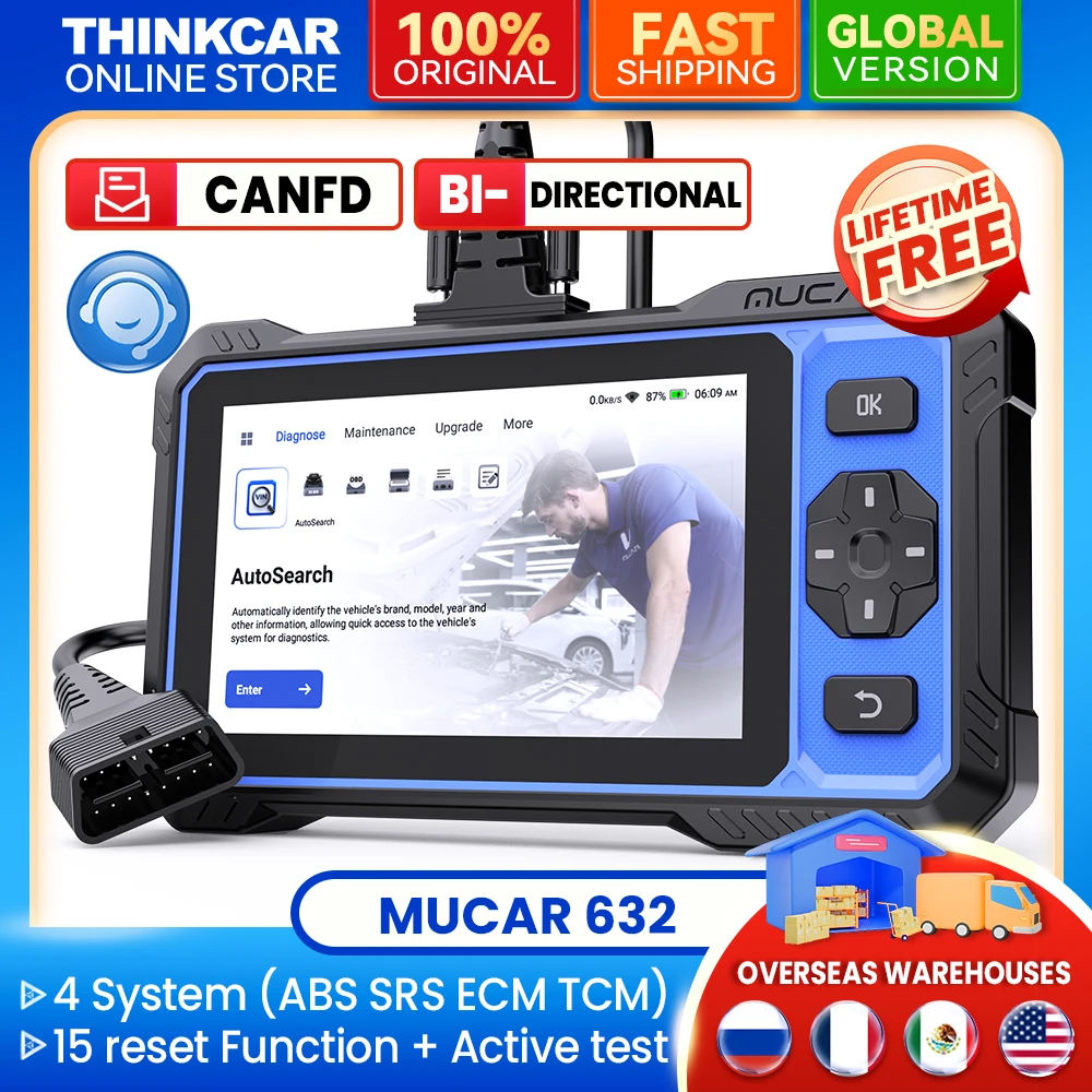 

Диагностический сканер MUCAR 632 OBD2 для автомобилей, 4 системы (ABS, SRS, ECM, TCM), 15 функций сброса, DPF, INJEC, двунаправленная связь CANFD, пожизненные бесплатные обновления.