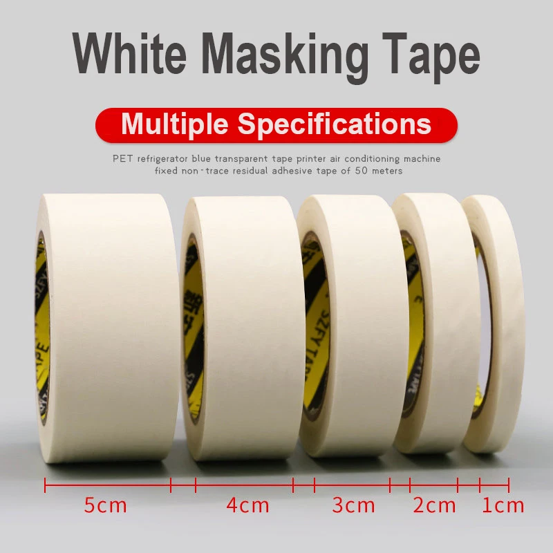 50M viscosity Masking Tape White 10mm-100mm Single Side Tape Adhesive Crepe Paper for Oil Painting Sketch Drawing Supplies