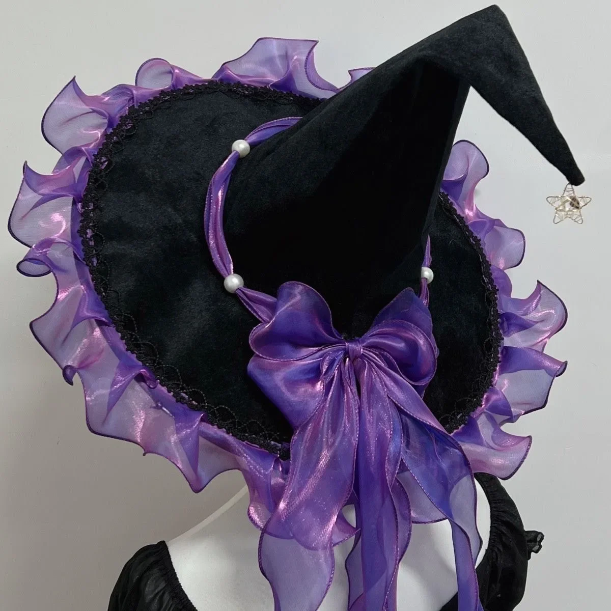Handmade Lolita Black Halloween Witch Lei Sibonett BNT Hat Star Yarn Bowknot Lace Bow Bnt Headgear Women Hair Accessories Girl