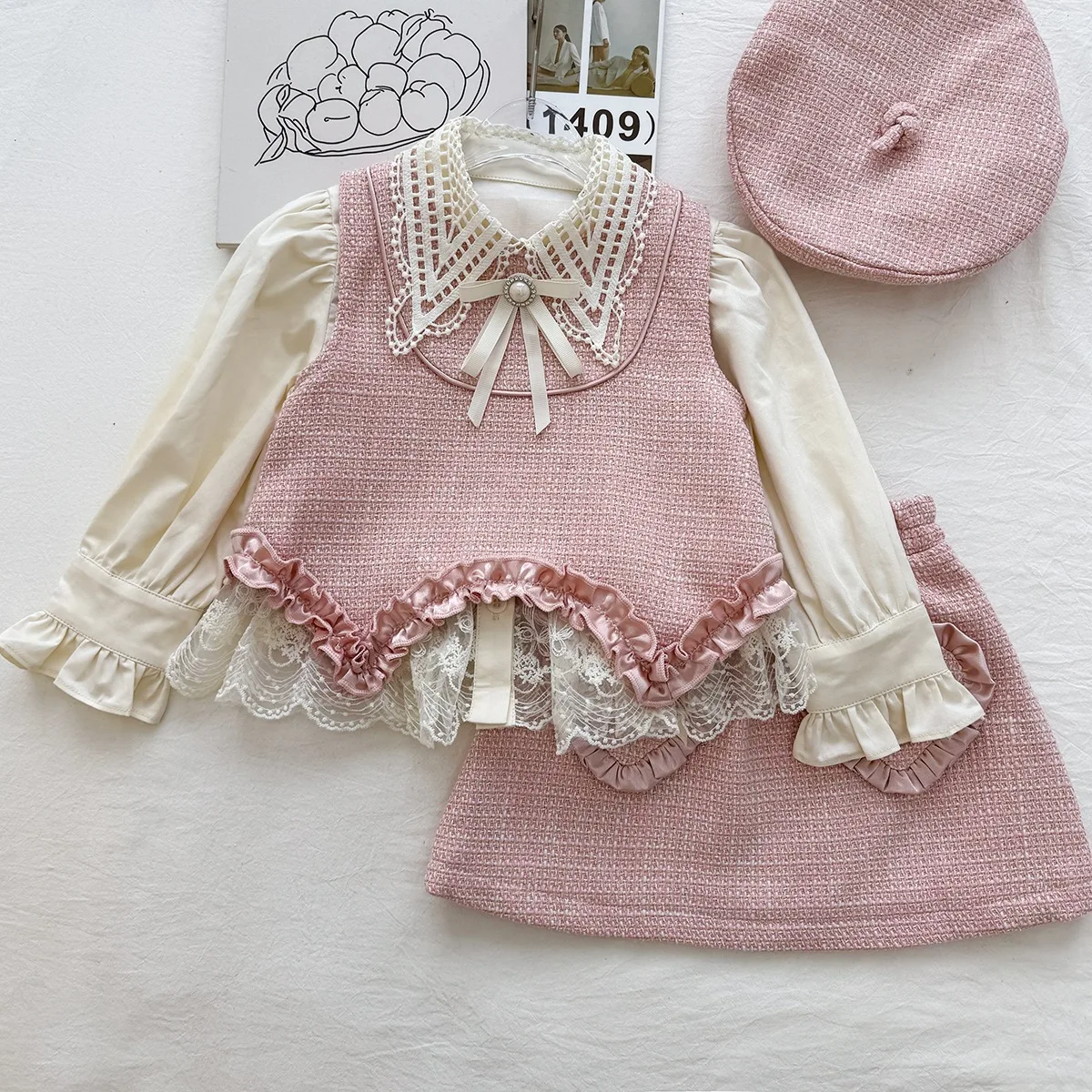 Girl's Sweet Small Fragrant Style Set 2026 Autumn New Bow Vest Turn-down Collar Shirt Short Skirt Three Piece Set Trendy