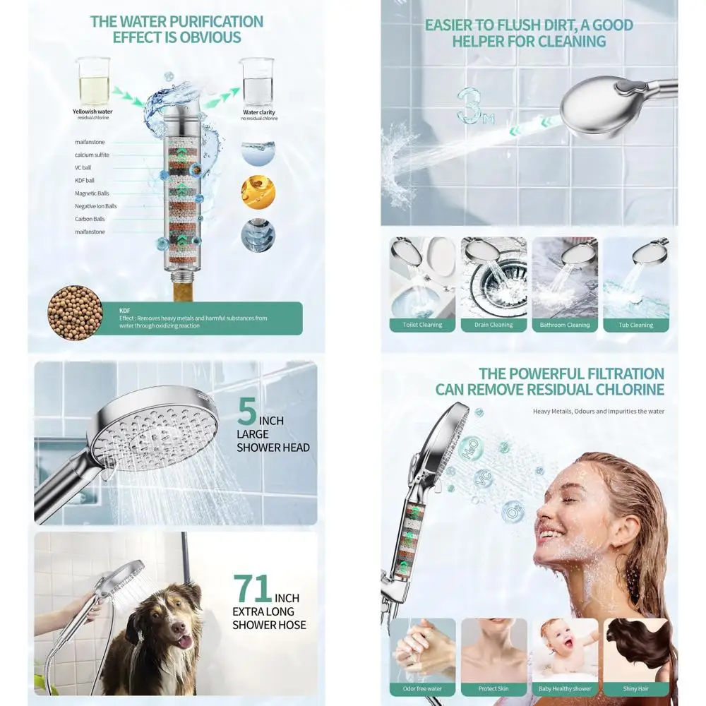 

Съемная насадка для душа высокого давления с 9 струями и фильтром, смягчает жесткую воду и удаляет хлор, хромированная отделка