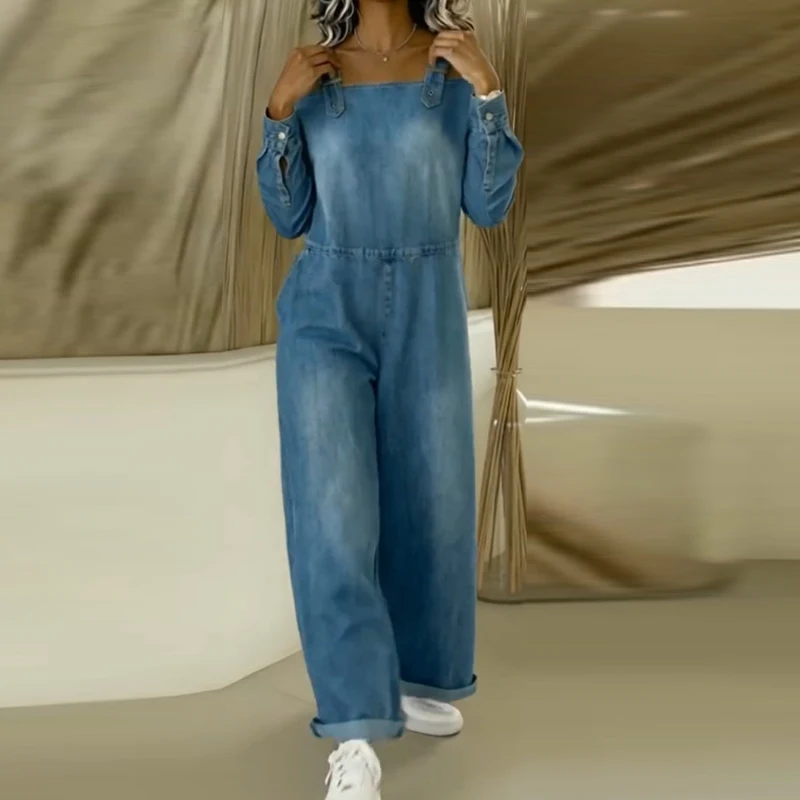 

Модный женский комбинезон с длинным рукавом, однотонный джинсовый комбинезон-комплект, женский комбинезон-плейсют на весну-осень, с открытыми плечами и карманами