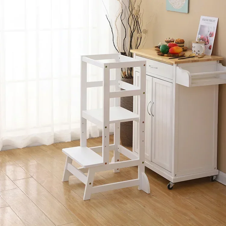 Bambu e madeira Step Stool com segurança ferroviária para crianças e crianças, cozinha escada