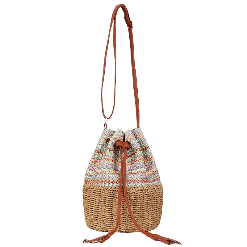 Summer Straw Bucket Bag Fashion Paper Woven Round Barrel Crossbody Bag Ethnic Style Drawstring Tassel Single Shoulder Beach Bag