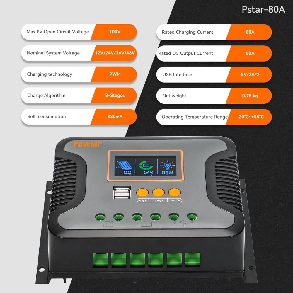 80A Solar Charge Controller 12V 24V 36V 48V Auto Solar Regulator 80amp Paremeter Adjustable LCD Display with Dual USB fit