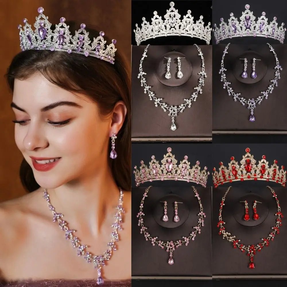 3 unids/set de conjuntos de joyería nupcial de lujo, Tiaras de Color plateado de cristal, collar de corona, pendientes, diamantes de imitación brillantes