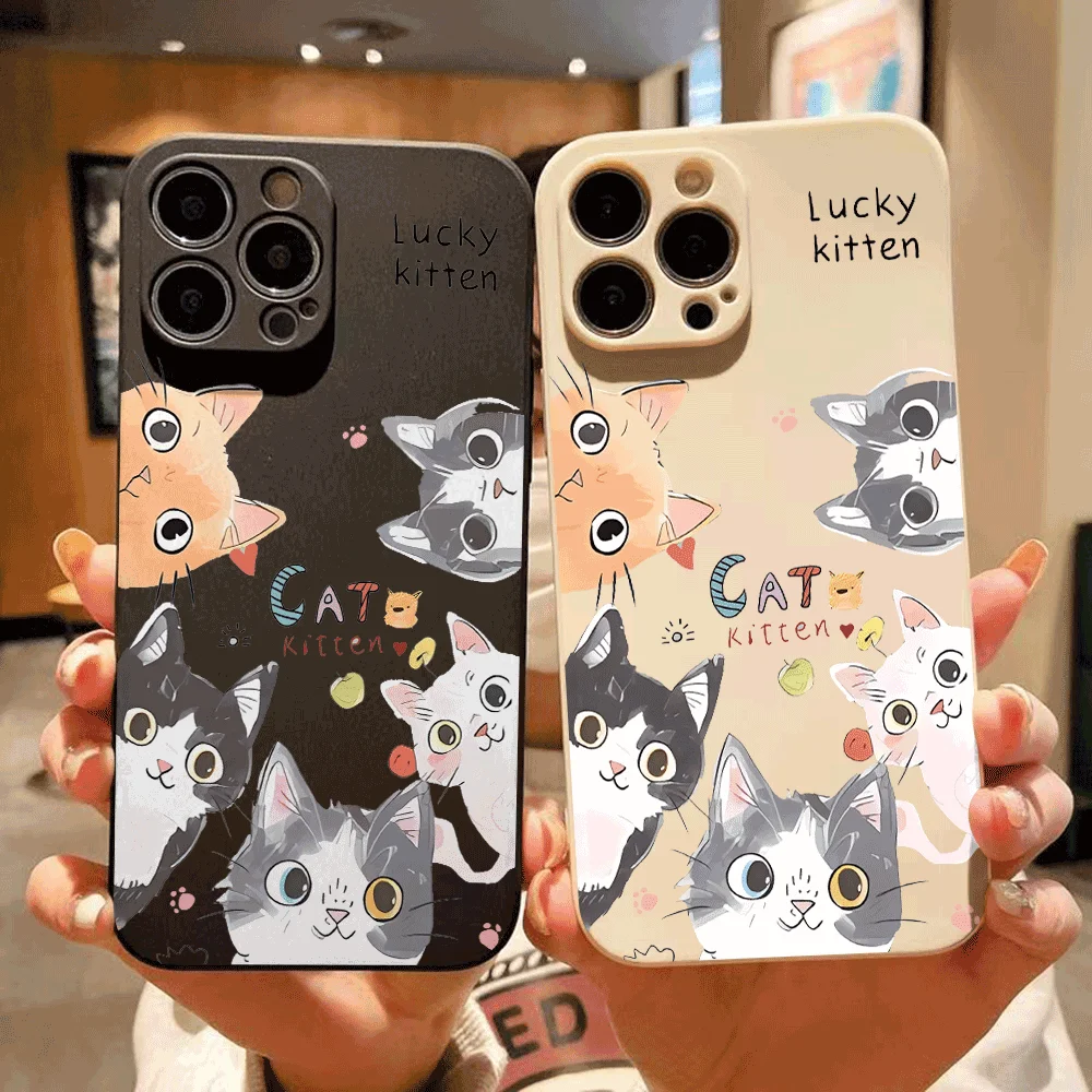 

Cute Cartoon Cat Pattern Phone Case For iPhone 16 15 14 13 12 11 Pro Max Mini X XS SE 7 8 Plus 16E Shockproof Soft Cover Fundas