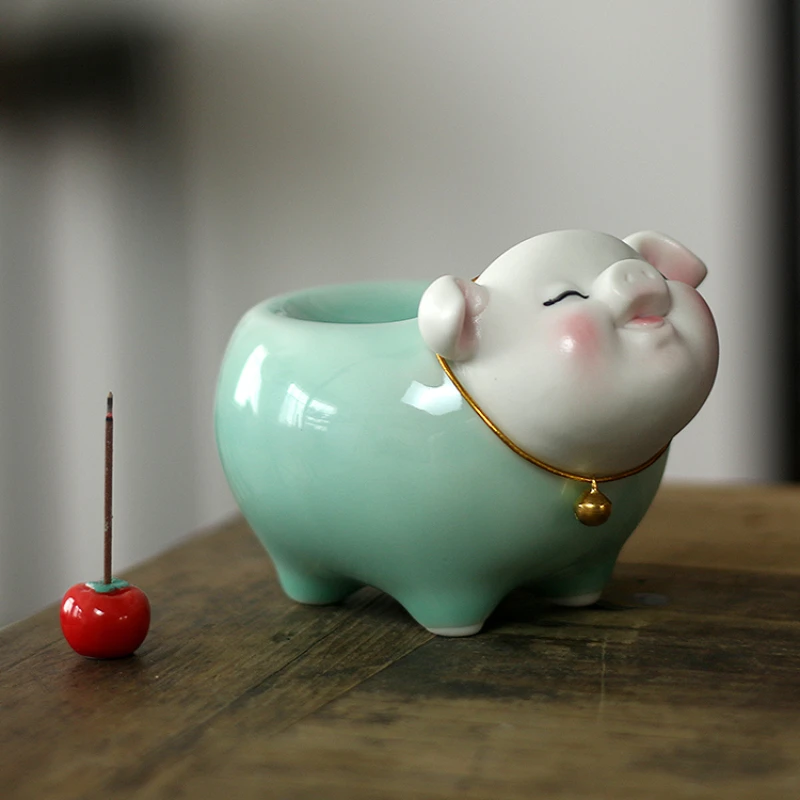 Celadon cute pig ornament cartoon line creative tea room decoration incense crafts