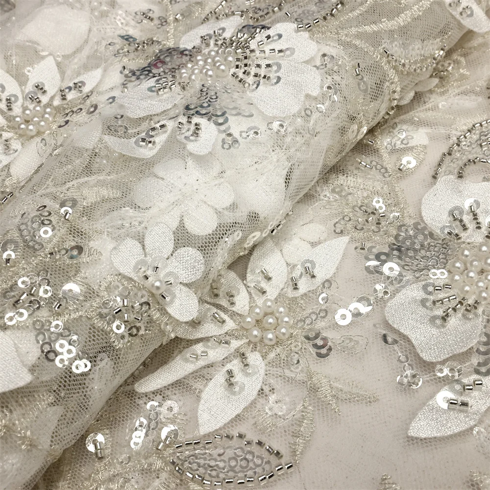 Latest 3D Flower Beaded Lace Fabric 2024 Latest Hand Beaded Lace Fabric Luxury French Embroidery Beads Lace Fabric For Wedding