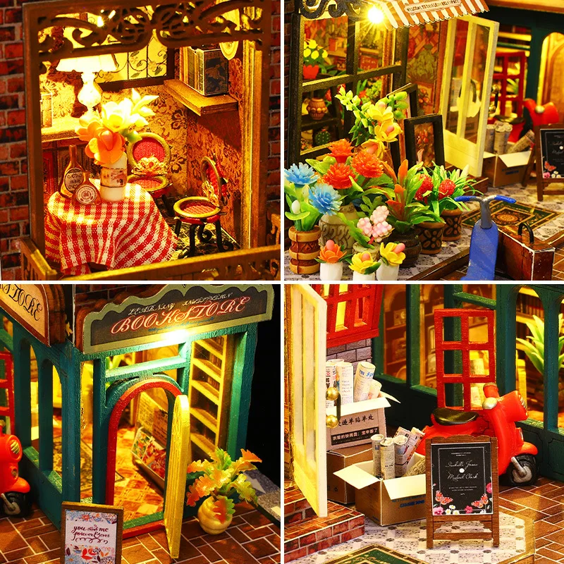 Puzzled Wooden Book Nook 3d Miniature Model Dollhouse With Led Light Diy Bookshelf Insert Desk Decor Building Bookend Scarbrough