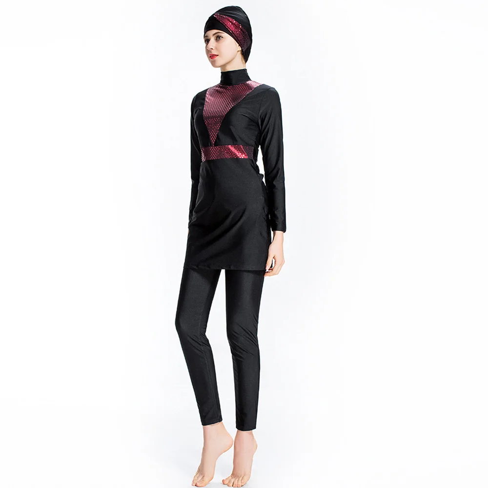 Burkini musulmán para mujer, traje de baño modesto islámico de manga larga, vestido de cobertura completa Hijab, conjunto de 3 piezas