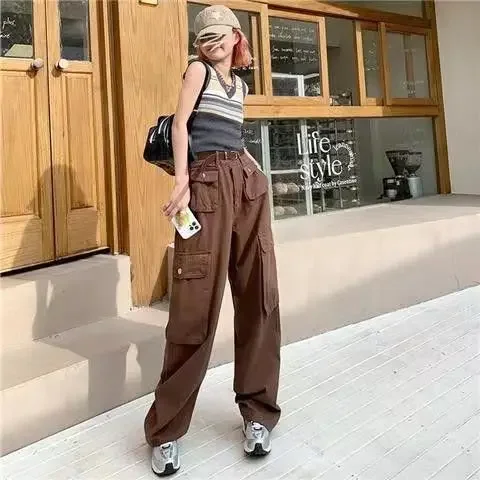 

American Retro Cargo Pants Female Students Korean Version Straight Tube Loose Slim 2024 New High-waisted Wide-leg Pants Tide