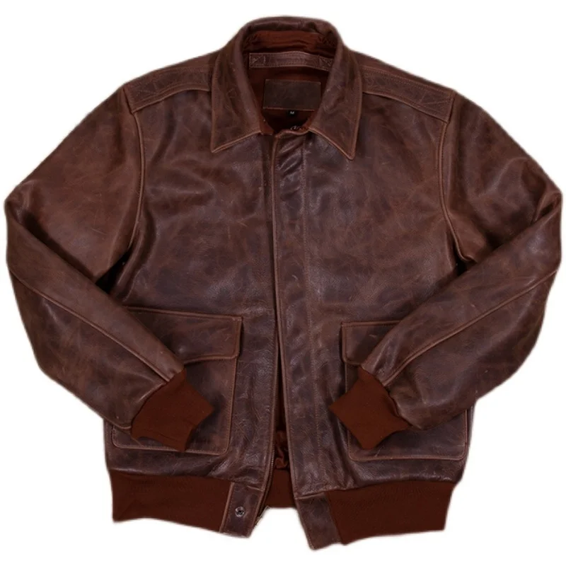 Autumn Retron Brown Men's A2 Jacket Plus Size 4XL Military Style Natural Cowhide Aviation Genuine Leather Coats