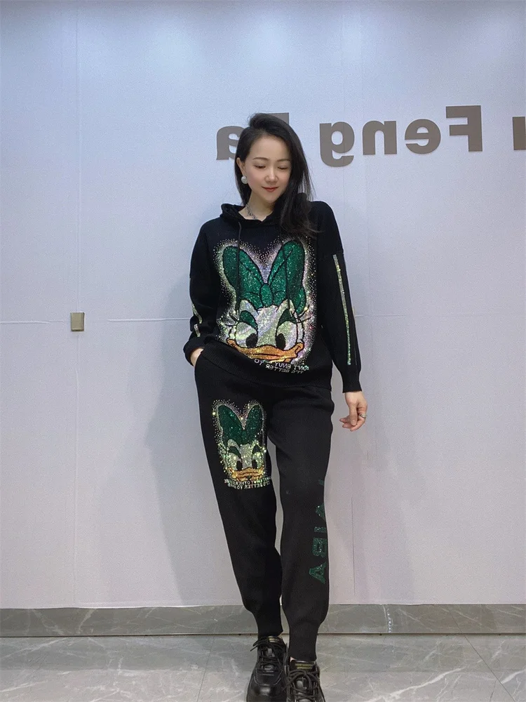 여성 플러스 사이즈 니트 모자 세트, 라인스톤 장식 캐주얼 봄 가을 투피스 세트, 긴 바지 후드 오버헤드 세트