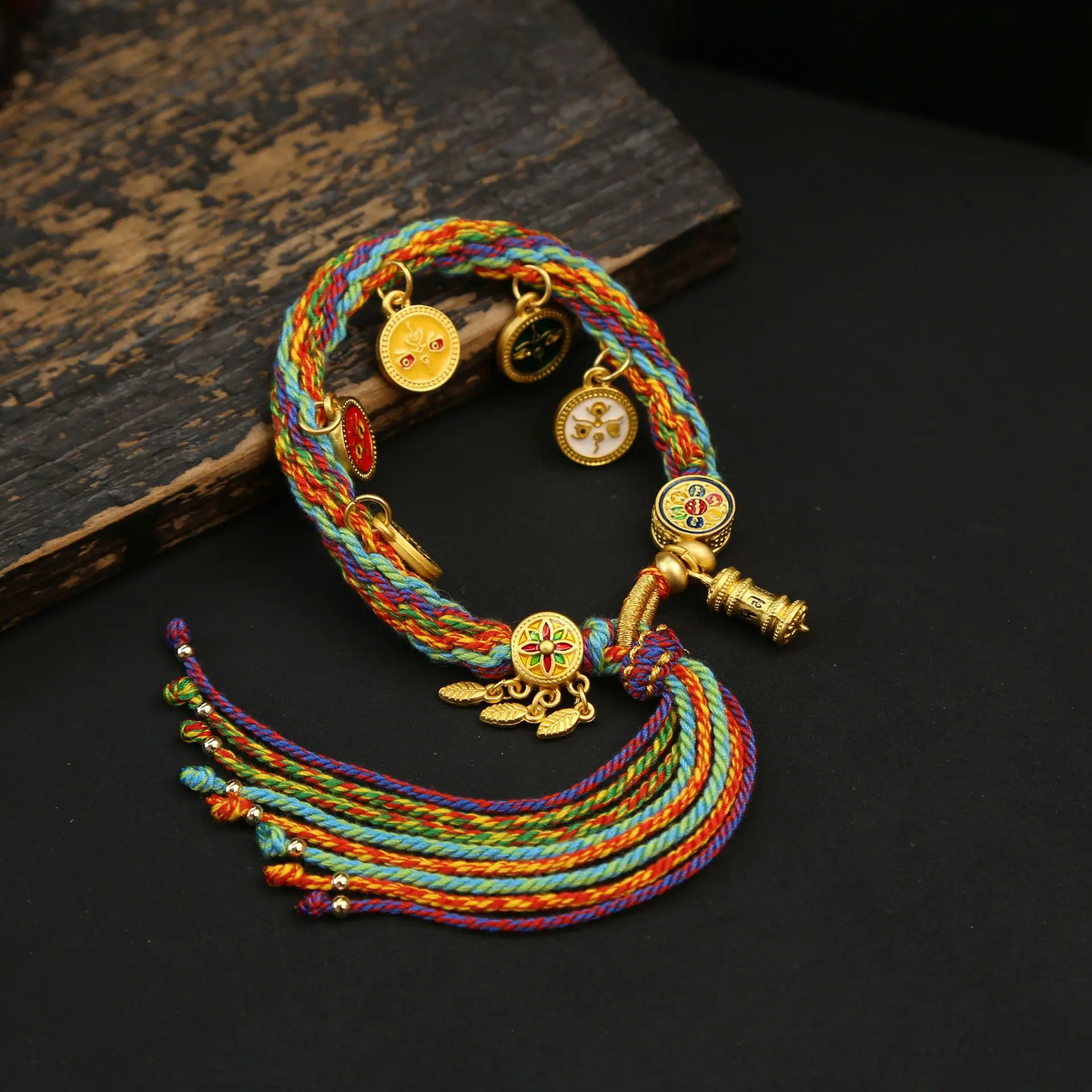 Five Way God of Wealth Rotating Bracelet: Tibetan Style Rainbow Cord Lucky Handmade Jewelry, Gifts for Men & Women