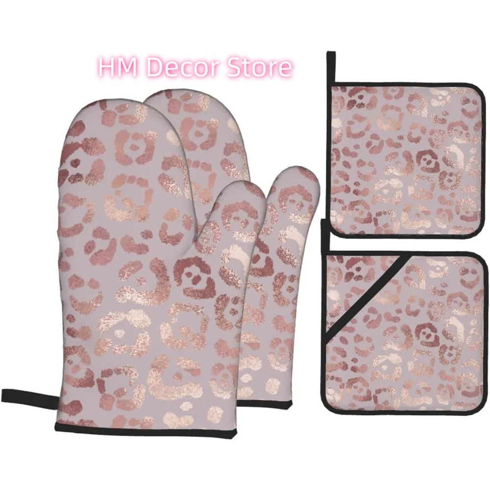 Rose Gold Leopard Print Oven Mitts and Pot Holders Set of 4, Oven Mittens and Potholders Heat Resistant Gloves for Kitchen Cooki