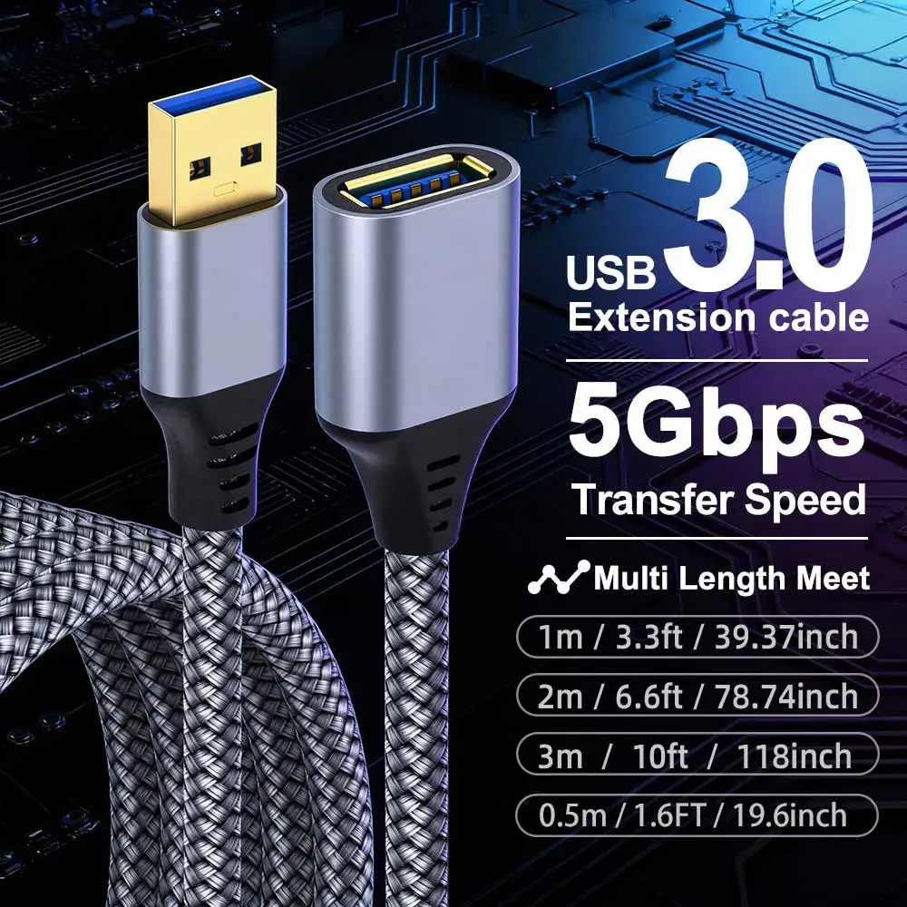 USB 3.0 Extension Cable Braided USB Male to Female Extender Cord Data Transfer for PC Laptop PS5 Printer Camera