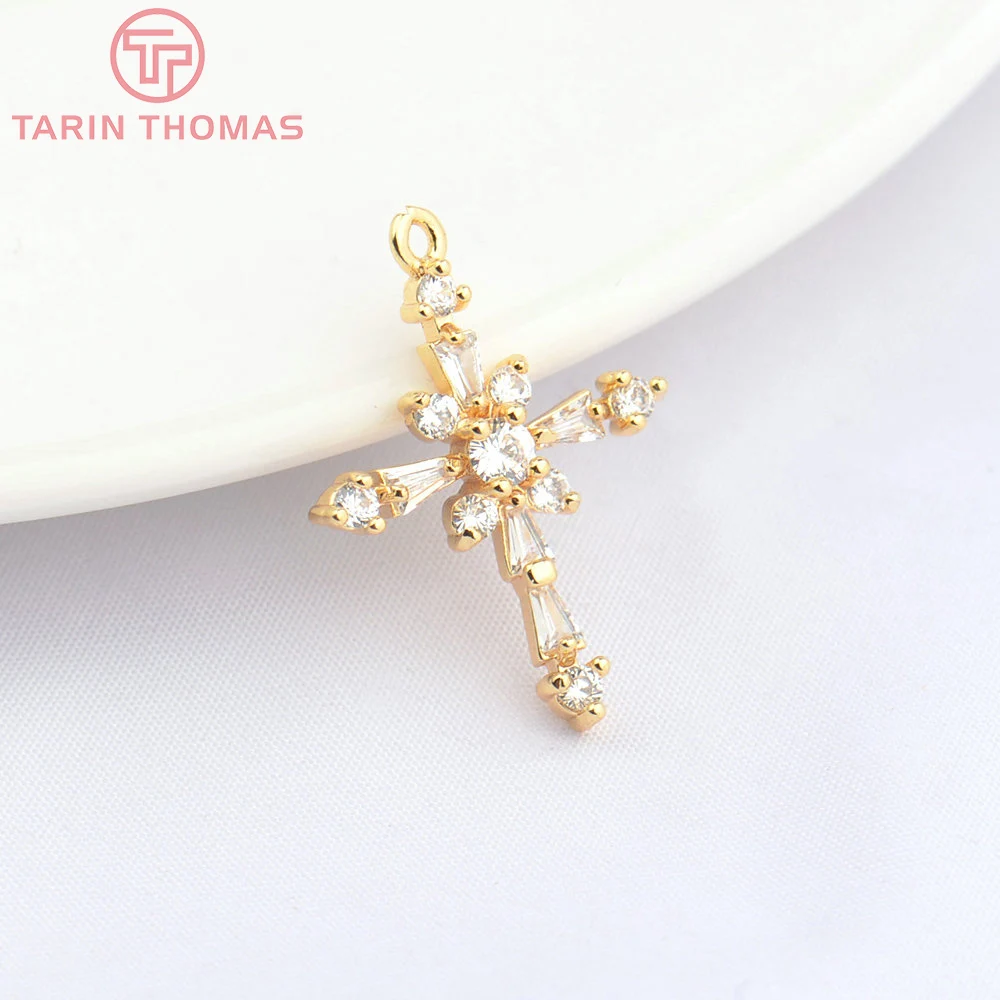 (4773) 4PCS 17x23MM Hole 1MM 24K Gold Color Brass with Zircon Cross Pendants High Quality DIY Jewelry Making Findings Wholesale