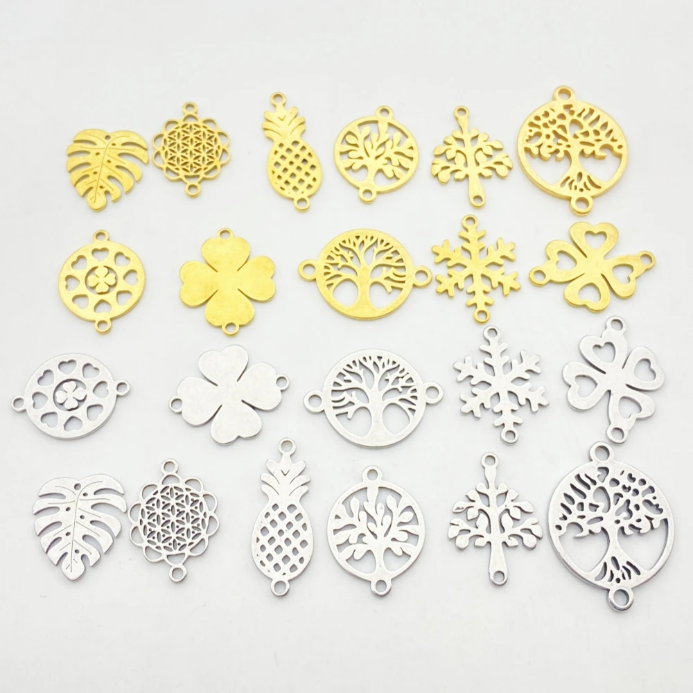 20type 10Pieces/Lot Plants Flower Leaf Tree Shape Charms Jewelry Connectors Stainless Steel Clover Necklace Bracelet Diy Pendant