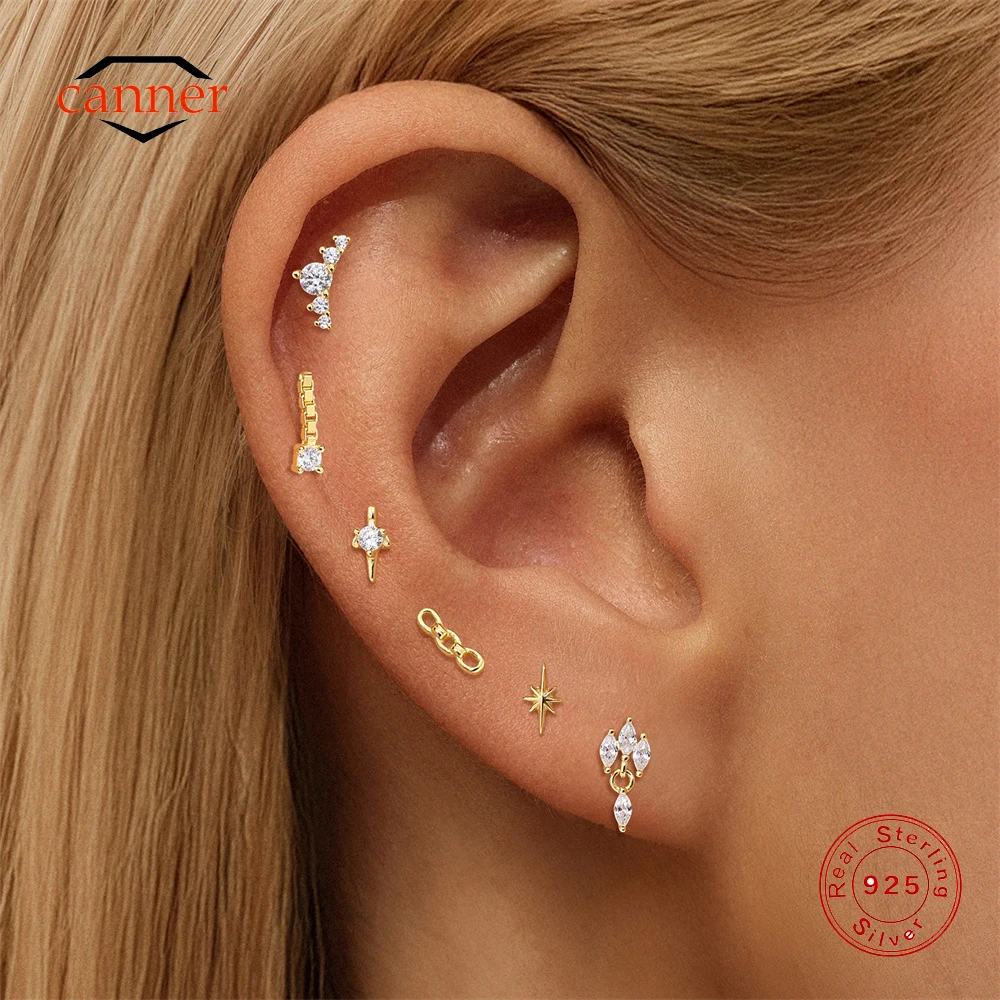 

CANNER 1PC 925 Sterling Silver Mini Eight-pointed Star CZ Flat Head Threaded Earbone Nail For Women Ins Horse Eye Stud Earrings