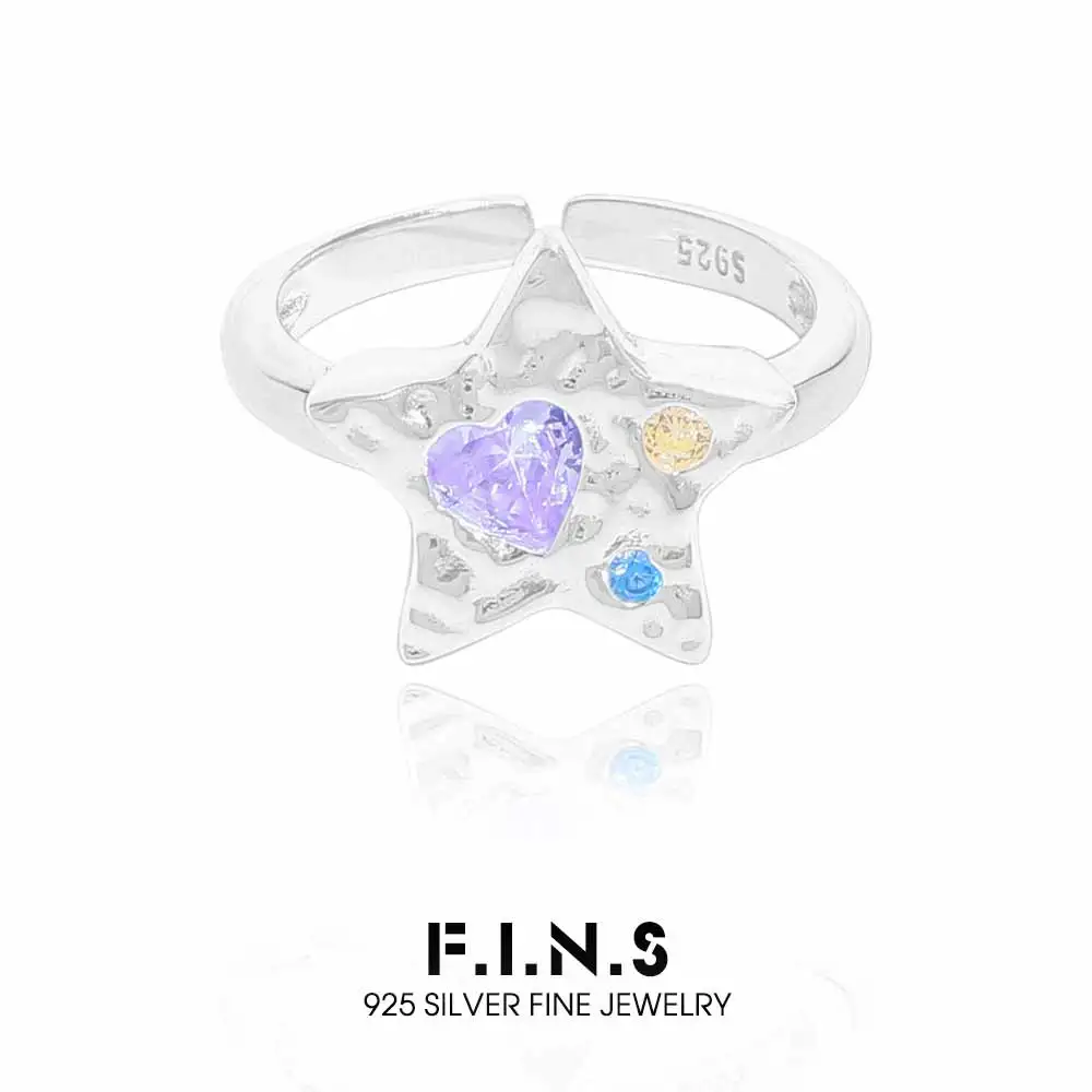 

F.I.N.S Texture Star S925 Sterling Silver Ring Women Korean Fashion Love Heart Colored Zircon Adjustable Finger Fine Jewelry