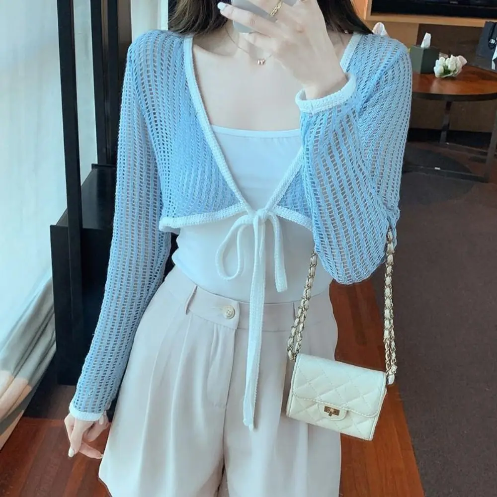 Sunscreen Crop Knit Cardigan Women Solid Color Thin Cardigan Coat Woman Simple Long Sleeve Smock Top Air-Conditioning Shirt