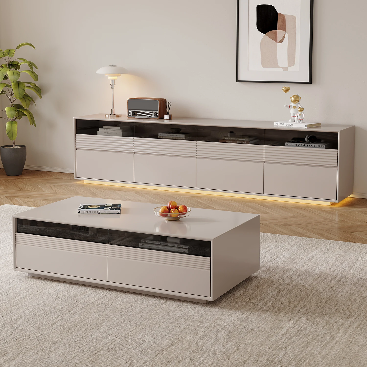 أرضية من الخشب الصلب النقي، خزانة تلفزيون بطبقة مزدوجة، طاولة قهوة لغرفة المعيشة، خزانة أرضية بلاطة صخرية كريمية للرياح #4