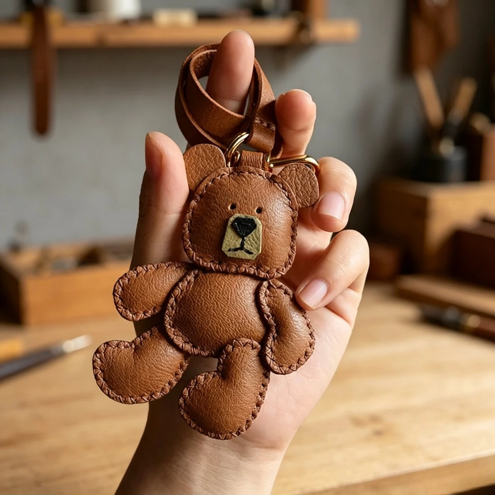 Genuine Leather Car Key Case Charm Handmade Teddy Bear Cloth Doll Personalized Custom Gift for Women Birthday Anniversary