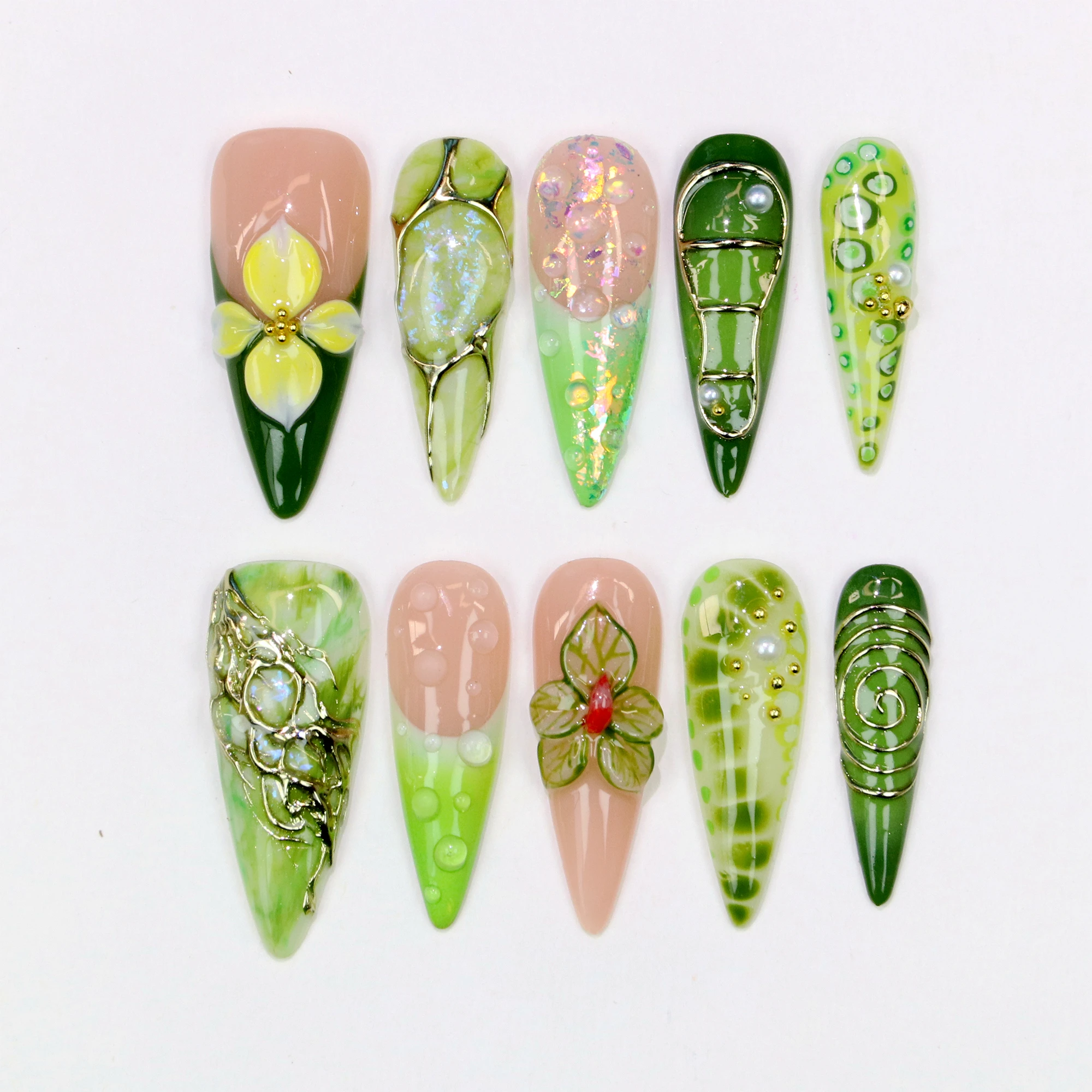 10Pcs 3D Handmade Custom Long Stiletto Press on Nails Glossy Custom Handpainted Green Flower Nails Suitable for Wedding Events