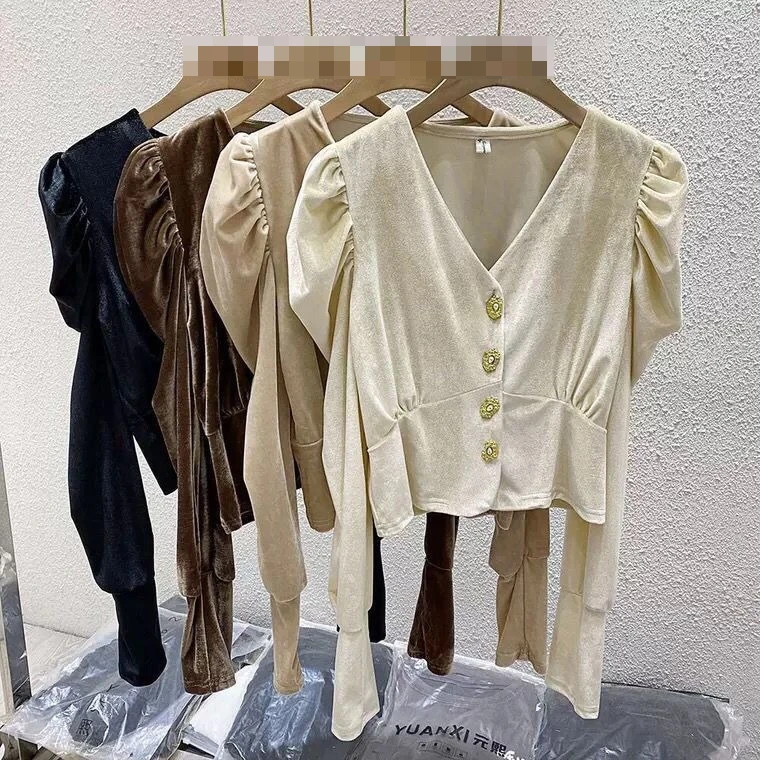 

French Style Short Bubble Sleeve Shirt Women's Early Autumn Design Unique Long Sleeve V-Neck Bubble Shirt TT657