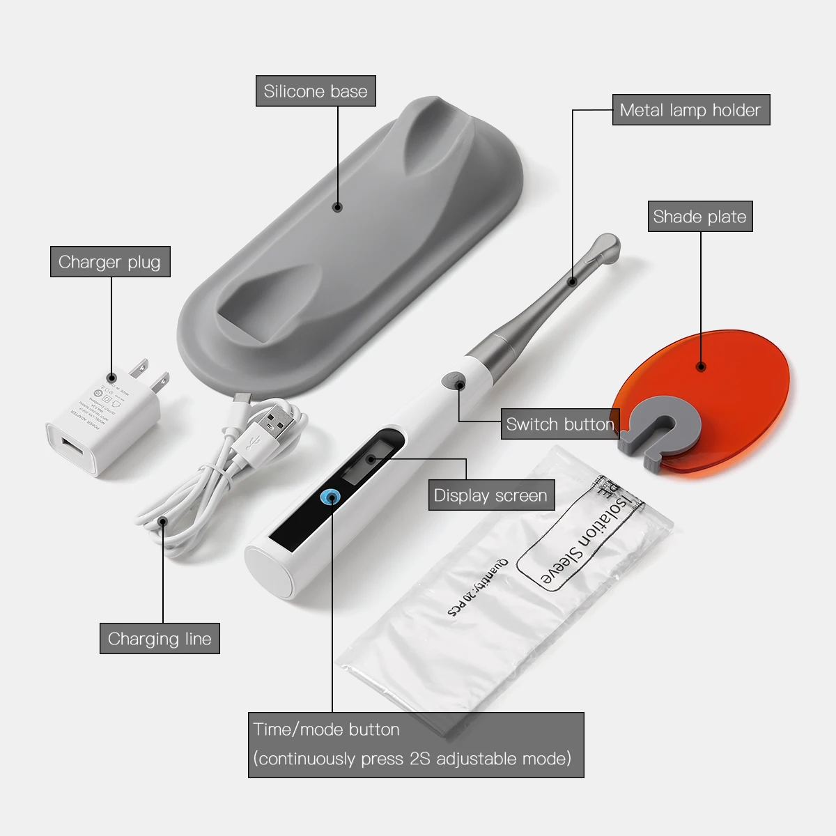 AZDENT Dental  Curing Light Cure Lamp Cordless Metal Head LED 1S 3 Modes 800-1400mw/cm² Dentistry Equipmentntal Curing Light