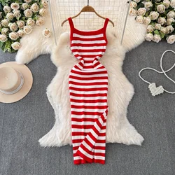 Strip Ins Fashion Sexy Package Hips Bodycon Dress Lady Embroidery Stripes Knitted Spaghetti Straps Outfits Long Women Dress