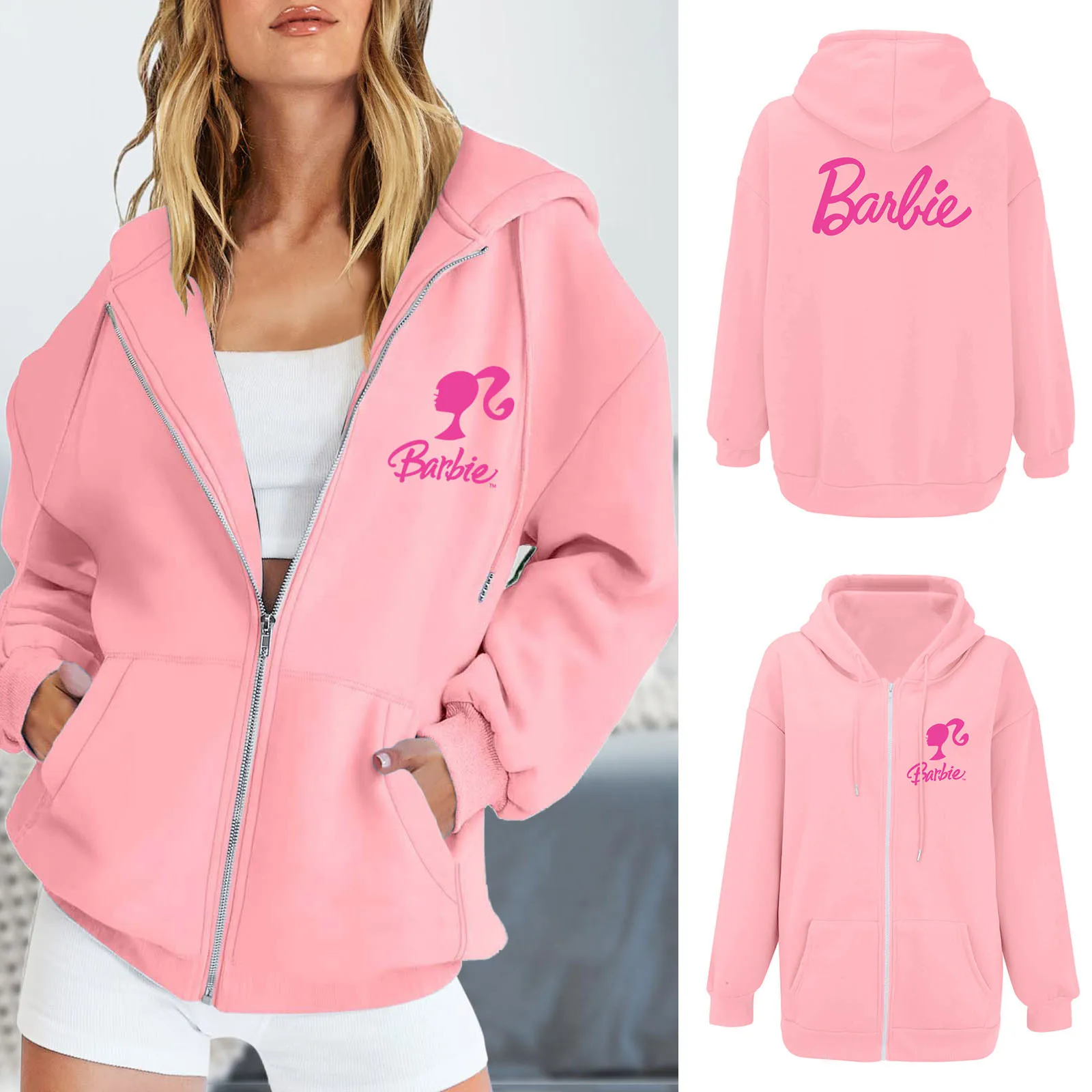 

Barbie Letter Pink Women Coat Cute Hoodies Teens Girls Jackets Oversized Sweatshirts Casual Drawstring Clothes Zipper Tops Gifts