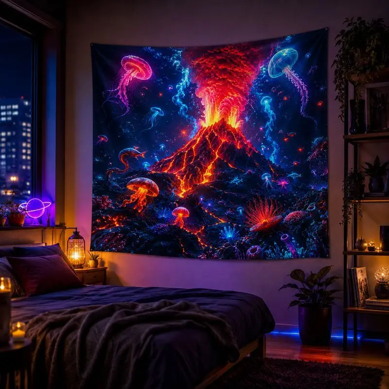 Space Jellyfish Moon Blacklight Tapestry Neon Galaxy Wall Hanging Bedroom Dorm Decor