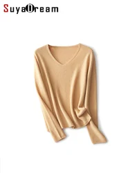 SuyaDream 100%Merino Wool Pullovers for Woman, 2024 Fall Winter, V Neck Comfortable Sweaters, Orange, Pink, Grey